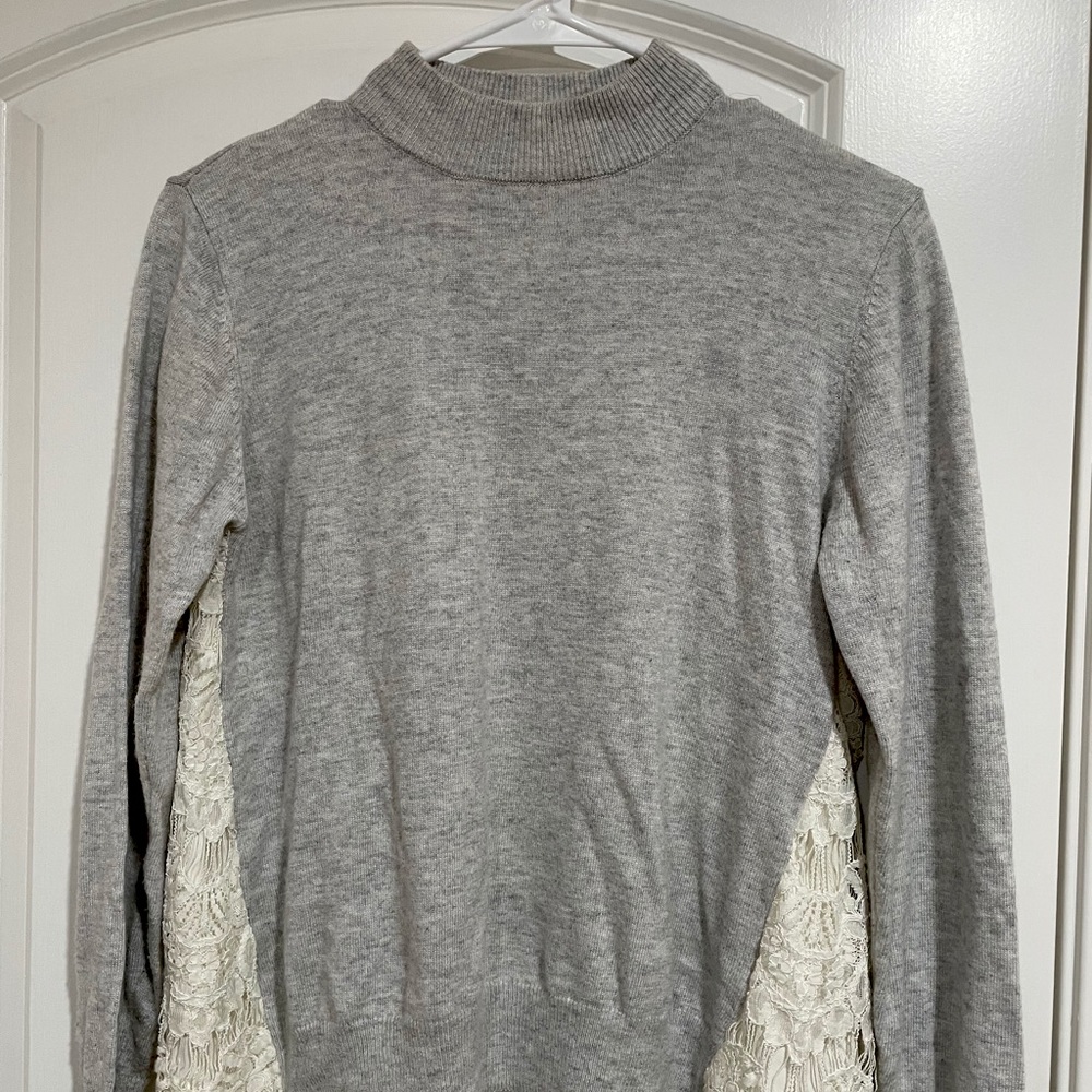 Grey mockneck sweater with lace back